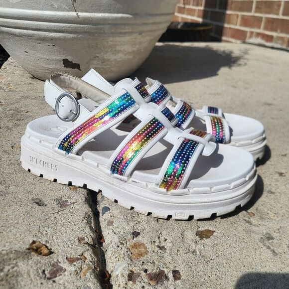 Skechers Jammers Triple Rainbow Sequin Lug Sole Fisherman Sandals size 8 - Picture 1 of 12